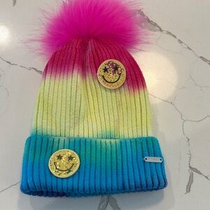 Colorful Kids Beanie with Pom-Pom and Smiley Patches